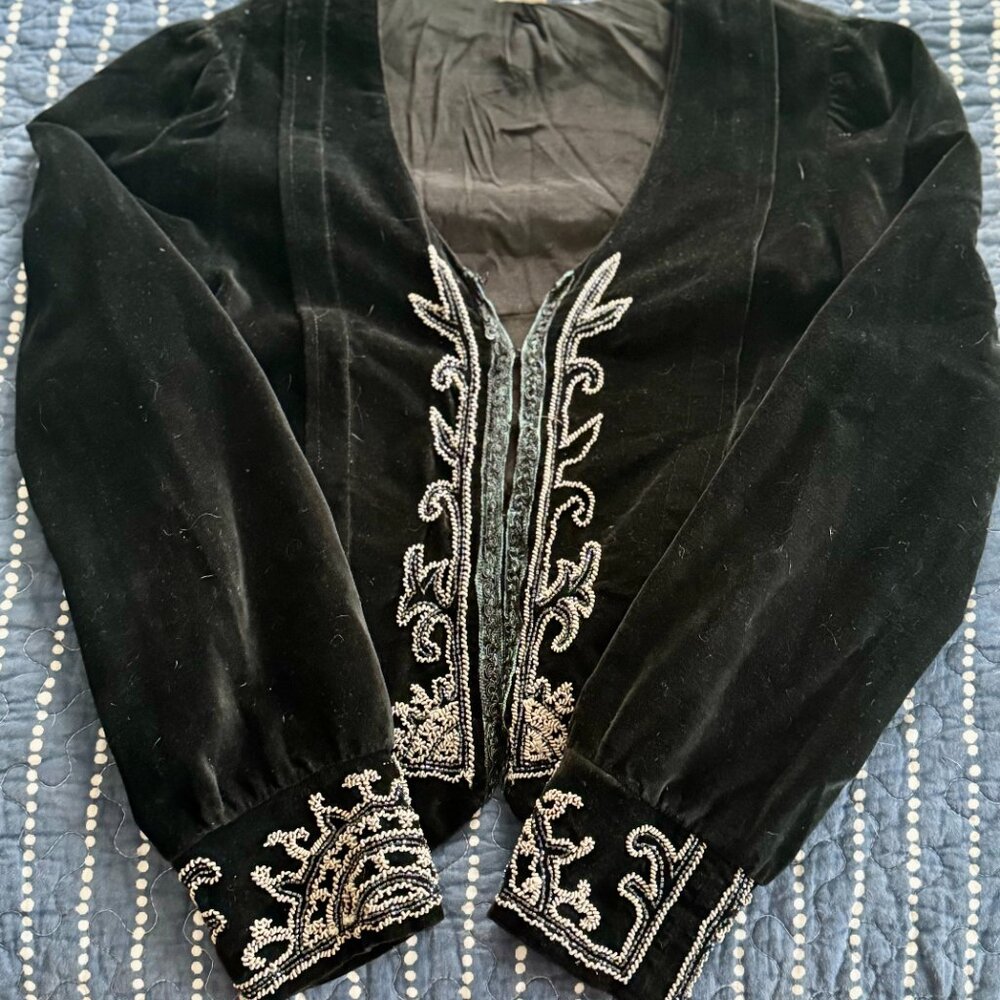 Vintage Bohemian Black Cropped  Velvet Embroidered Beaded Jacket Size S